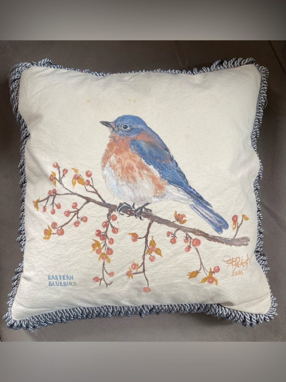 Pillow Hand Painted Eastern Bluebird by Jennifer Jones Rashleigh of RI.